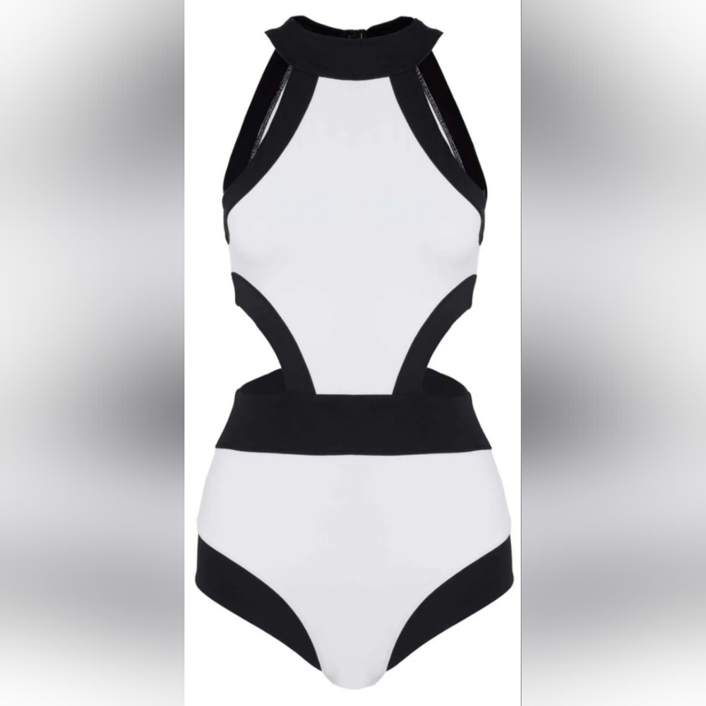 White one piece with black trim high neck and side cutouts size large
